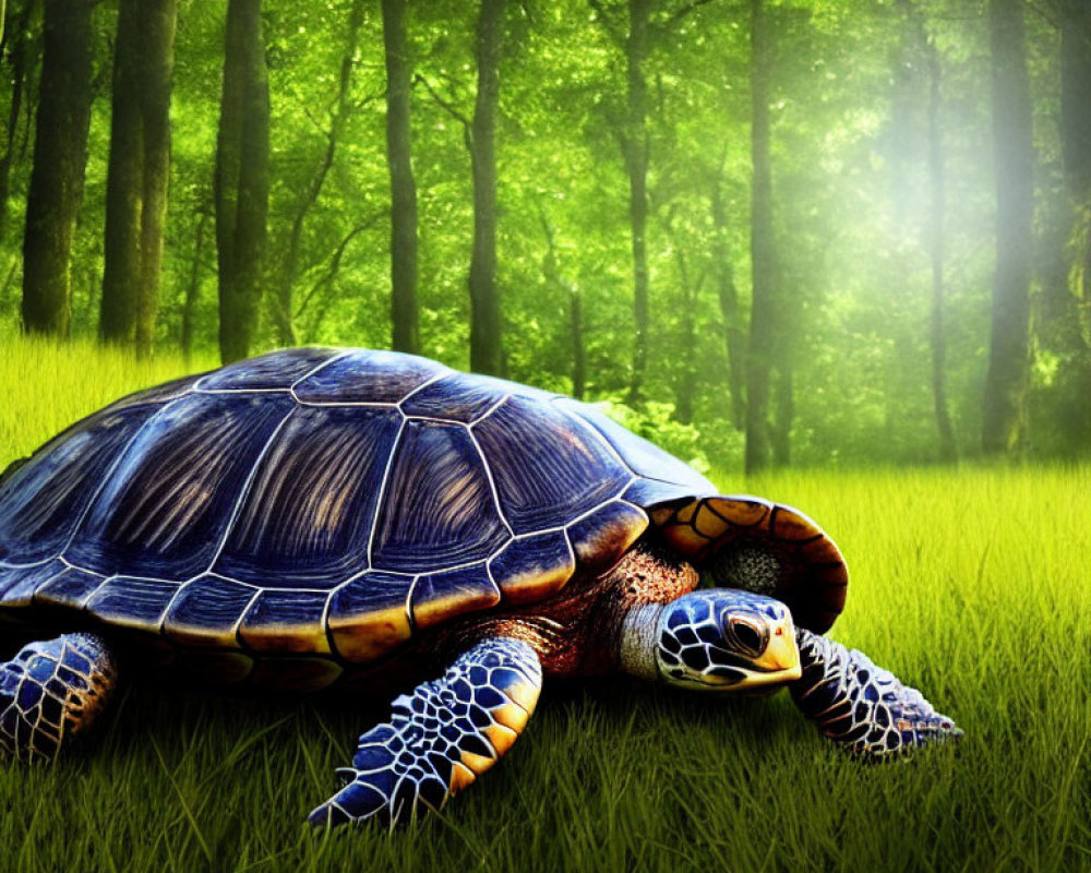 Dark Blue and Orange Patterned Tortoise Resting in Lush Forest Setting