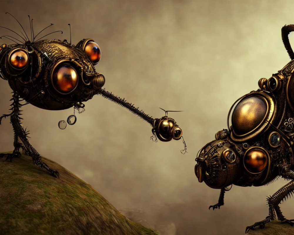 Steampunk-style mechanical insects with intricate gears and shiny eyes facing each other