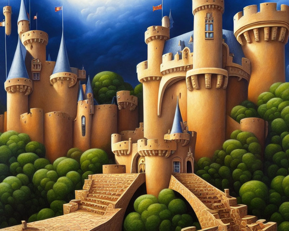 Fantastical castle illustration with towers, flags, stone bridge, and lush green trees