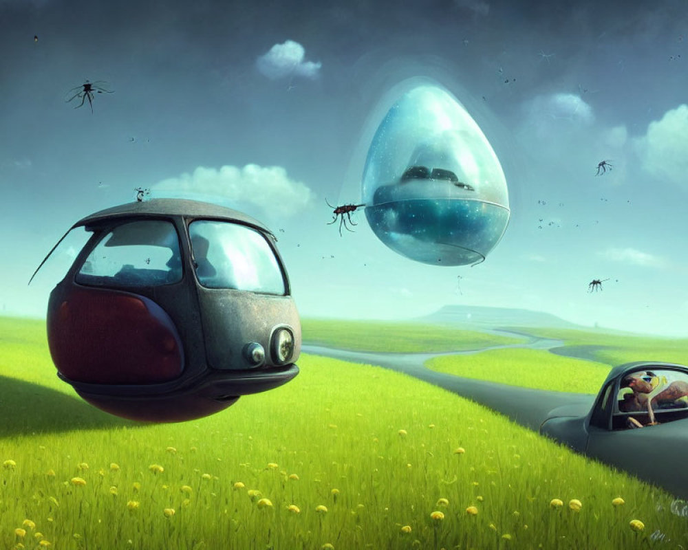 Whimsical landscape with dog, bugs, and futuristic vehicle