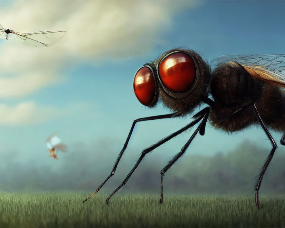 Detailed Hyperrealistic Fly Illustration with Red Eyes on Grass