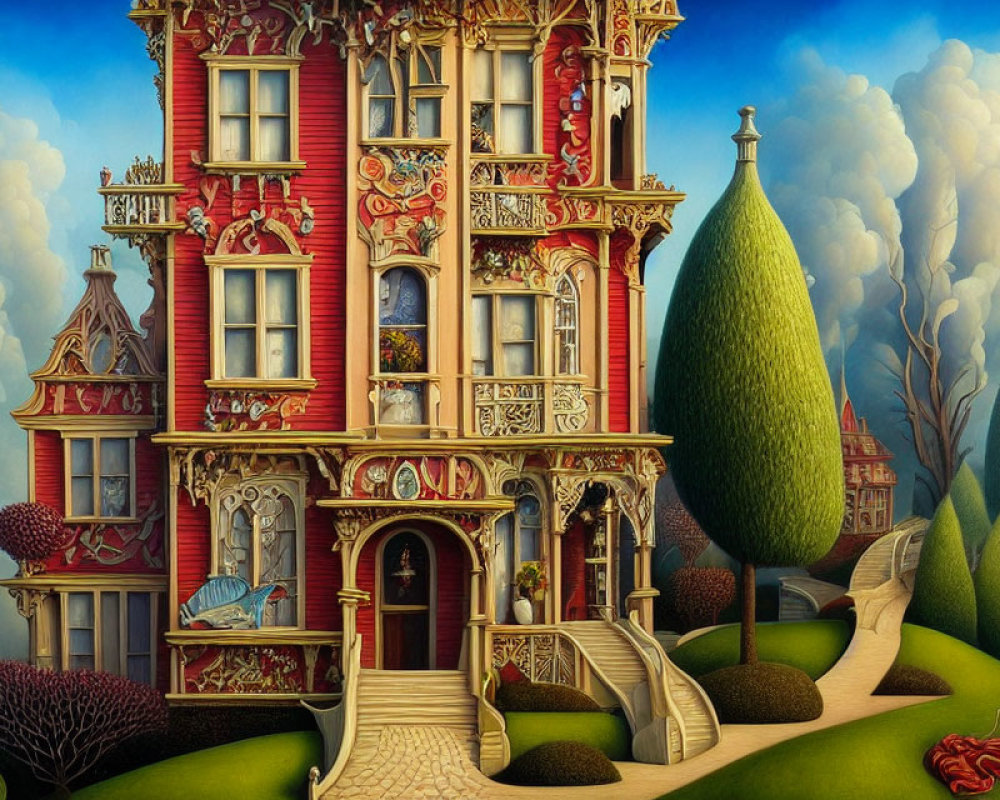 Detailed depiction of a red Victorian house in a lush garden setting