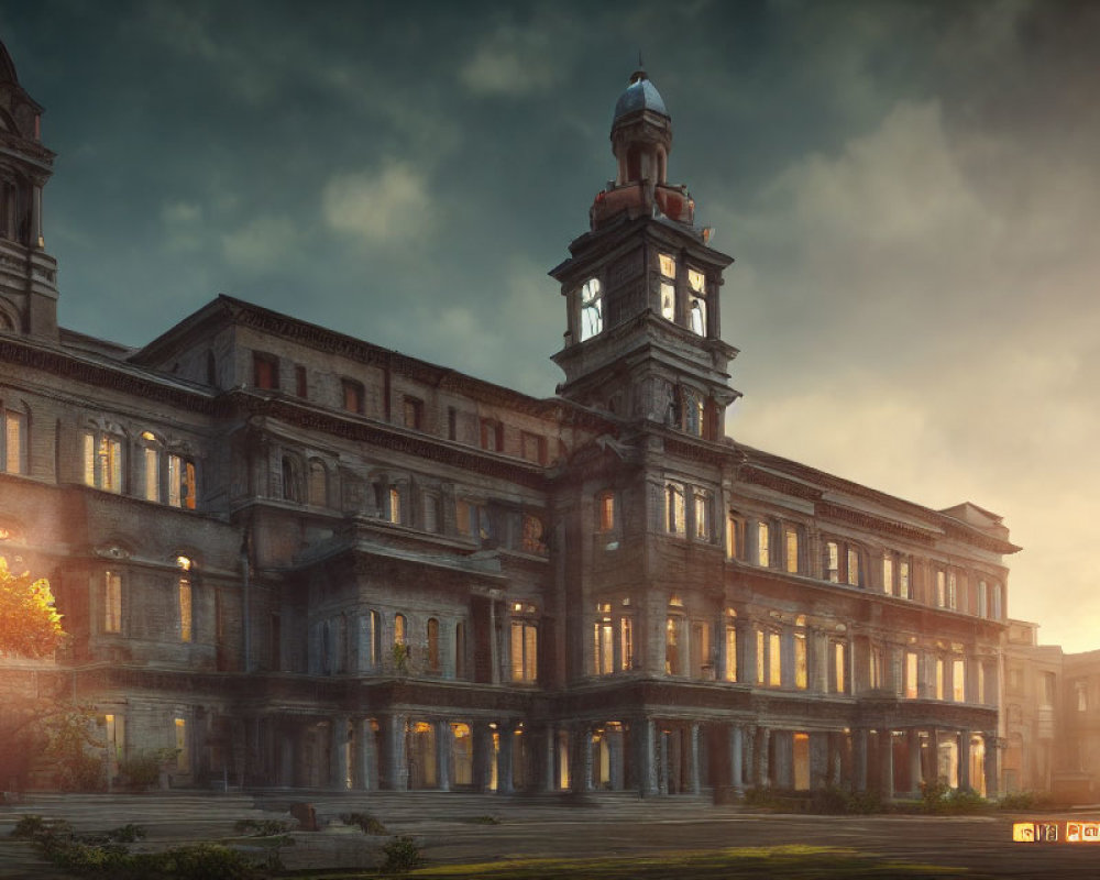 Historic building with clock spire in sunset light and dramatic sky