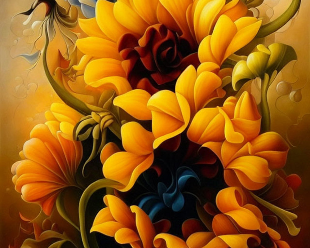 Colorful Floral Painting with Yellow, Orange, Red Petals on Golden Background