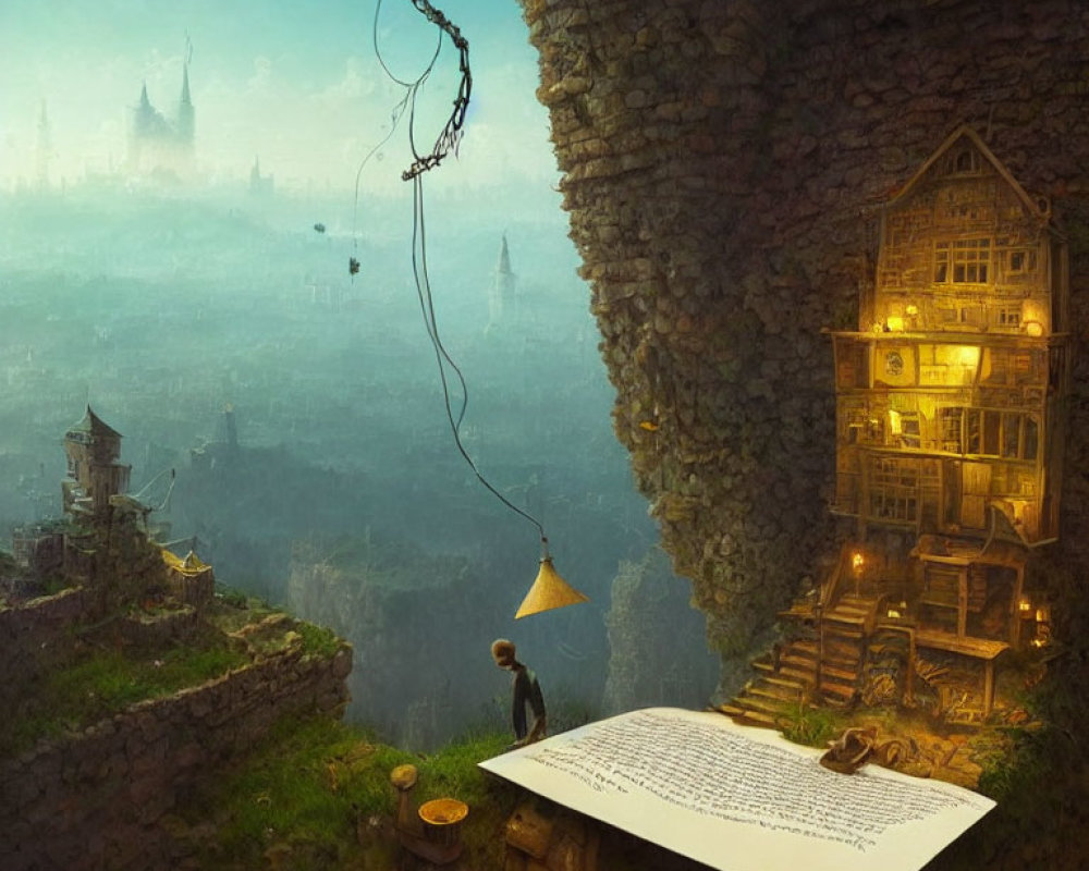 Cliffside scene with hanging lantern, house built into rock, open book, distant city.