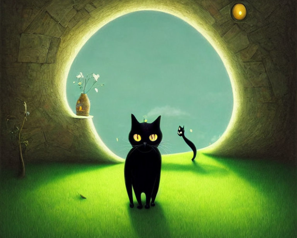 Whimsical painting of large-eyed black cat and surreal doorway