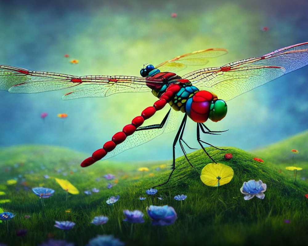 Colorful digital artwork: Dragonfly on grassy knoll with flowers