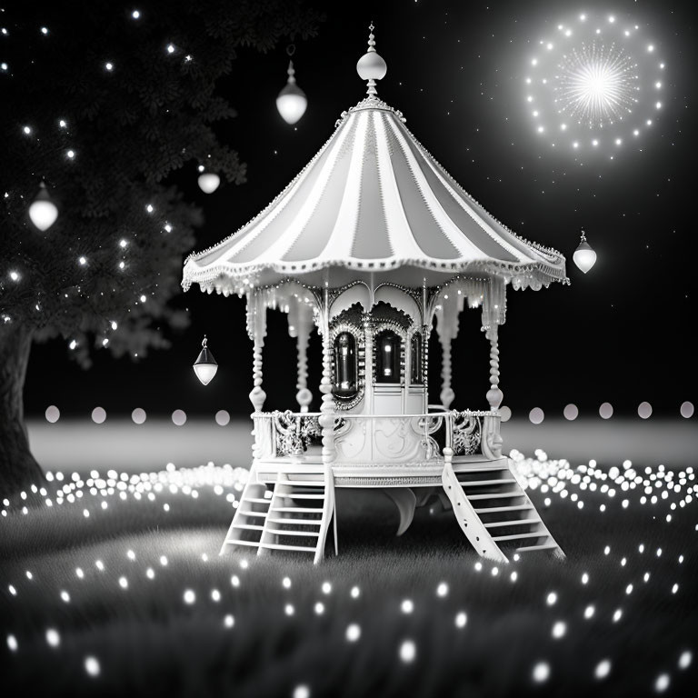 Ornate gazebo illuminated at night with hanging lanterns