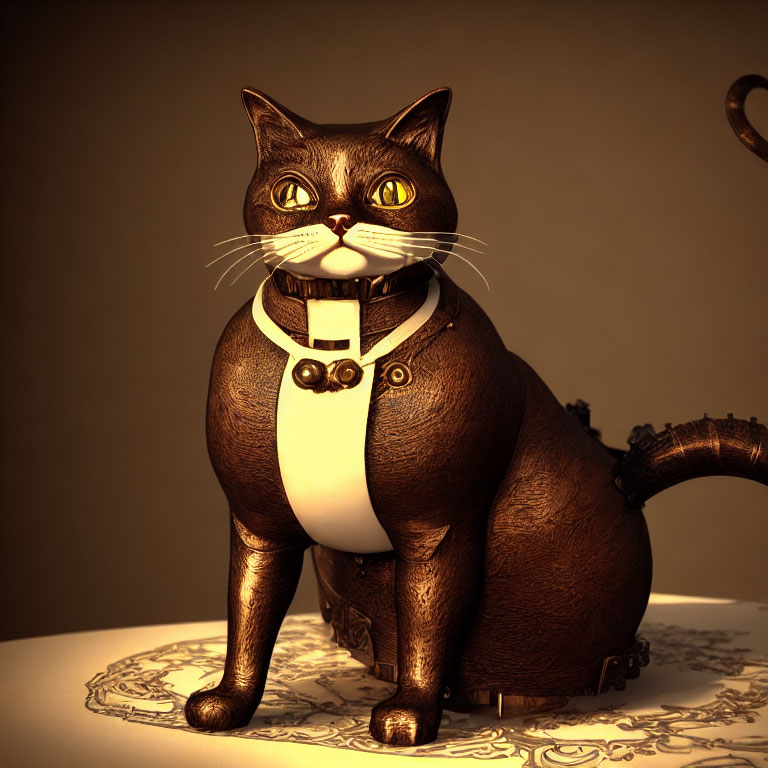 Brown Cat in Suit and Bow Tie on Vintage Table - 3D Rendered Image