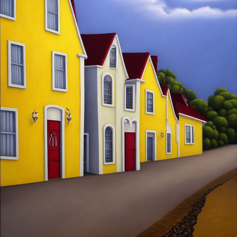 Row of Yellow Houses with Red Doors on Cobblestone Street