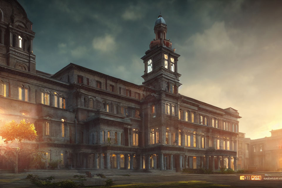 Historic building with clock spire in sunset light and dramatic sky