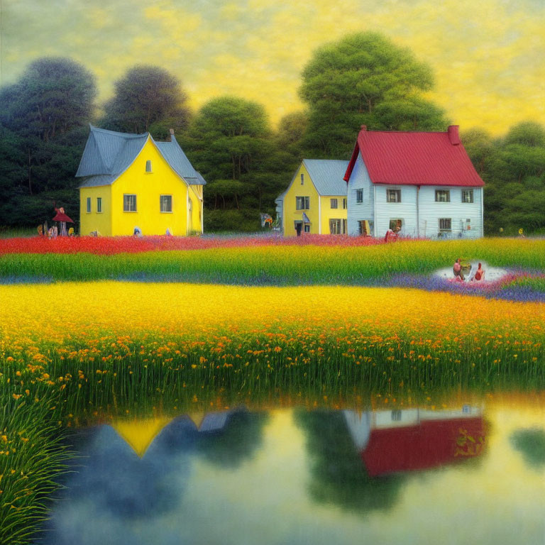 Colorful Countryside Landscape with Blooming Fields, Reflective Pond, and Quaint Houses