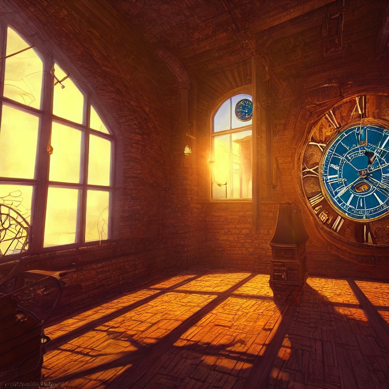 Sunlit Room with Brick Walls, Large Clock, Arched Windows, and Shadows