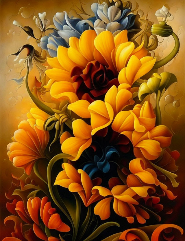 Colorful Floral Painting with Yellow, Orange, Red Petals on Golden Background