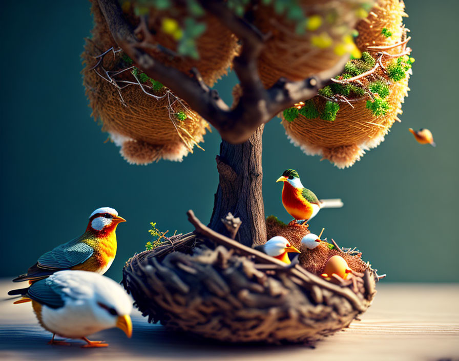 Vibrant birds nesting near eggs under a miniature tree with a beehive.