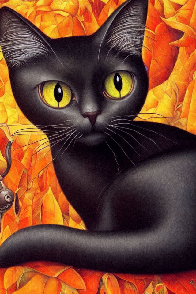 Black Cat Illustration with Striking Yellow Eyes and Autumn Leaves