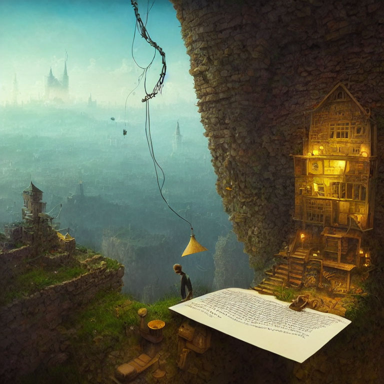 Cliffside scene with hanging lantern, house built into rock, open book, distant city.