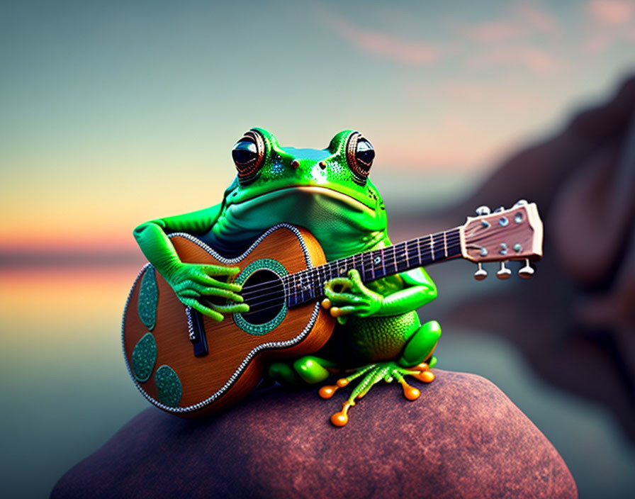 Colorful Frog Playing Guitar on Rock at Sunset