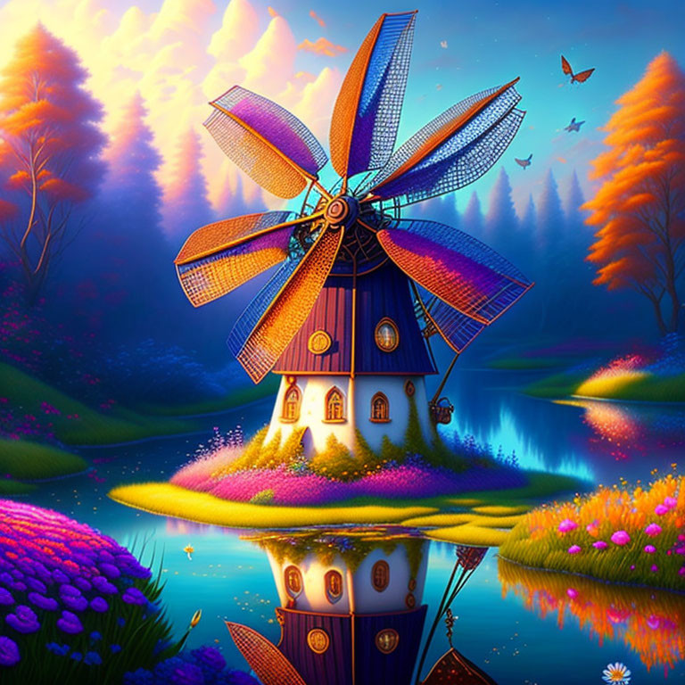 Colorful Windmill House Illustration by Lake at Twilight