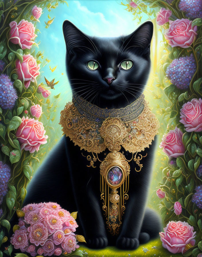 Majestic black cat with golden collar in rose garden