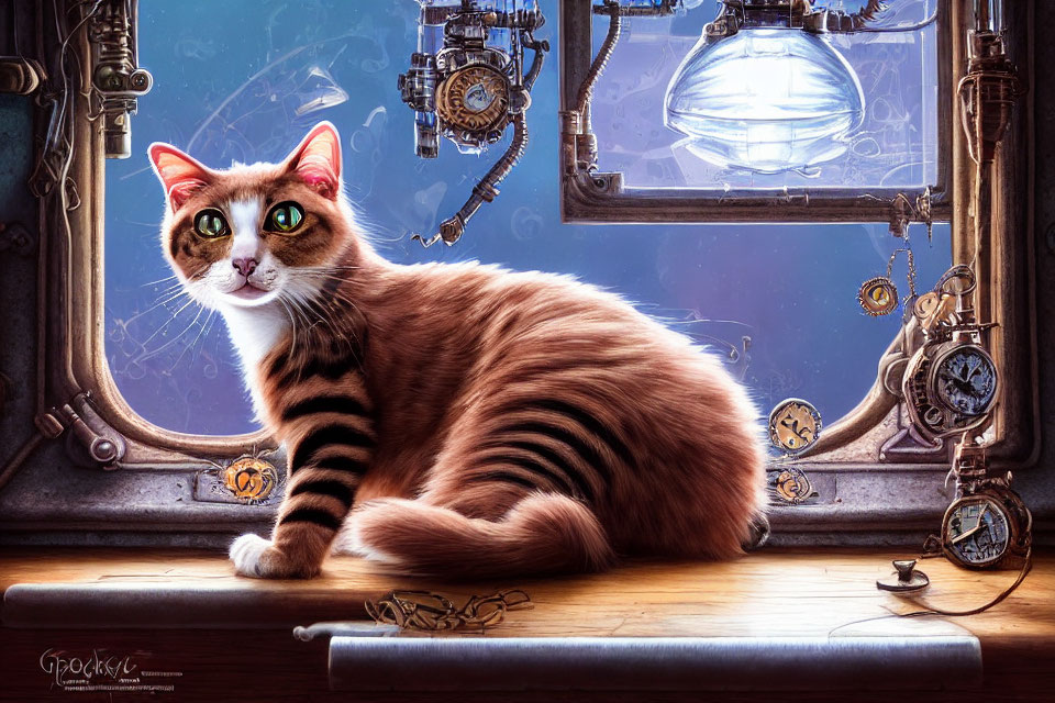 Orange Tabby Cat with Green Eyes by Steampunk Window