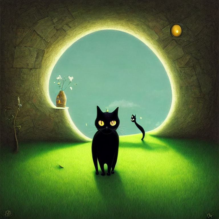 Whimsical painting of large-eyed black cat and surreal doorway