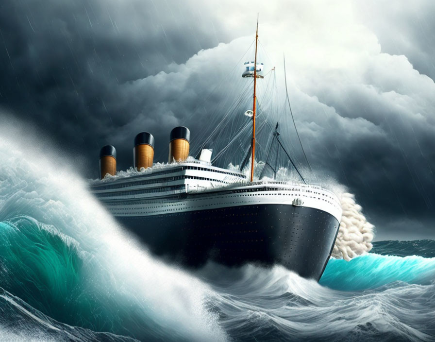 Ocean liner navigating turbulent sea under stormy sky with crashing waves