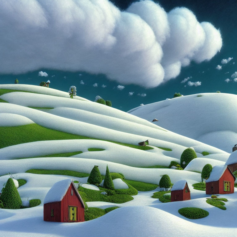 Snow-covered hills with red-roofed houses and green trees under a blue sky