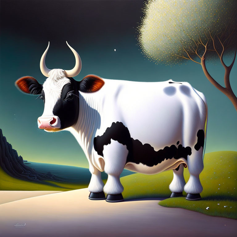 Monochrome cow in surreal landscape with glowing tree and starry sky