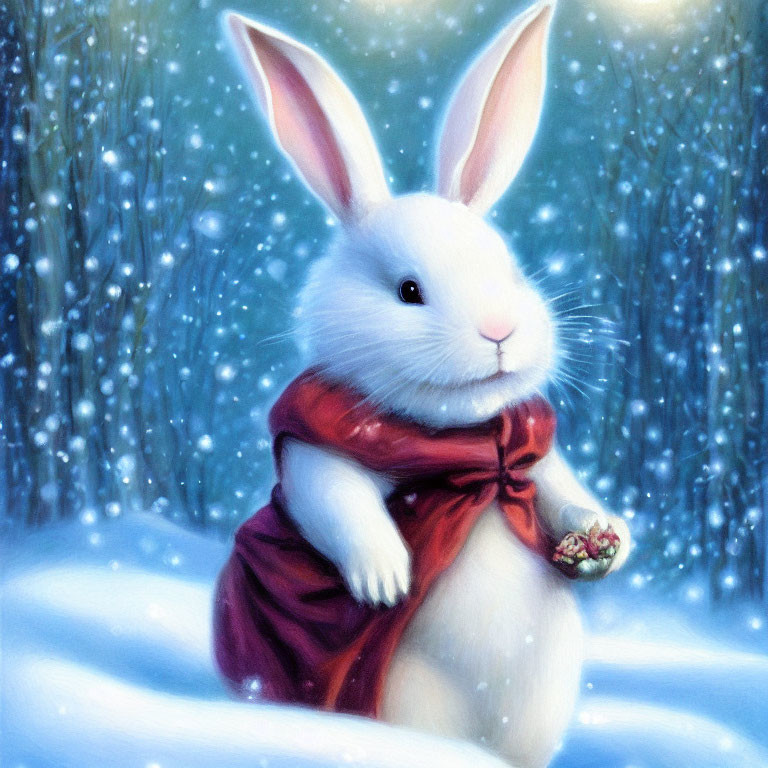 White Rabbit in Red Scarf with Christmas Wreath in Snowfall