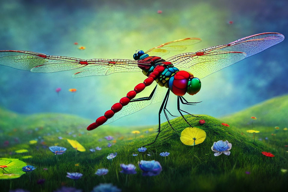 Colorful digital artwork: Dragonfly on grassy knoll with flowers