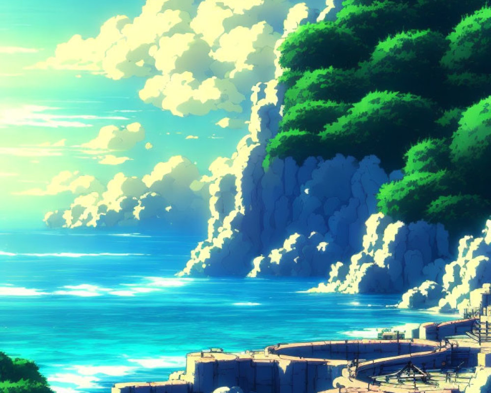 Colorful Anime-Style Seaside Cliff Illustration With Clear Blue Sky