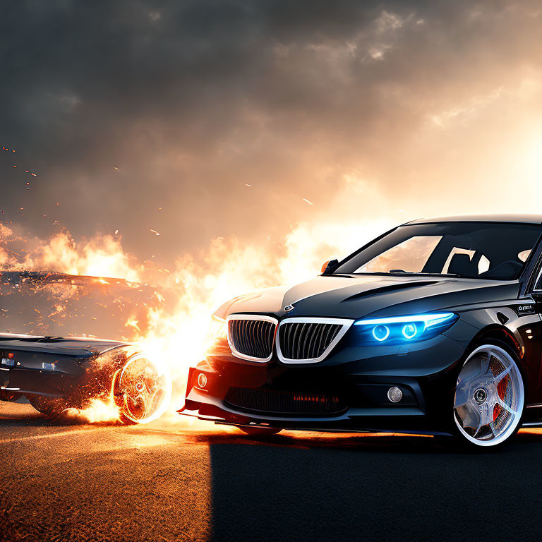 Two cars racing with flaming wheels under dramatic sunset.