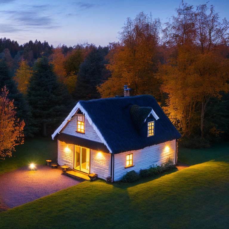 Twilight scene: Cozy cottage with autumn trees at dusk