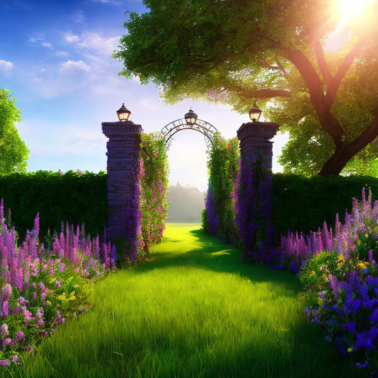 Tranquil Garden Pathway with Purple and Blue Flowers and Stone Archway