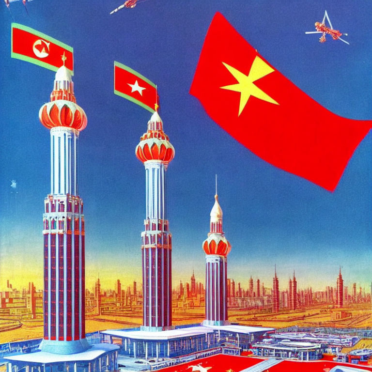 Illustration of retro-futuristic cityscape with tall towers, flags, and aircraft in vibrant sky