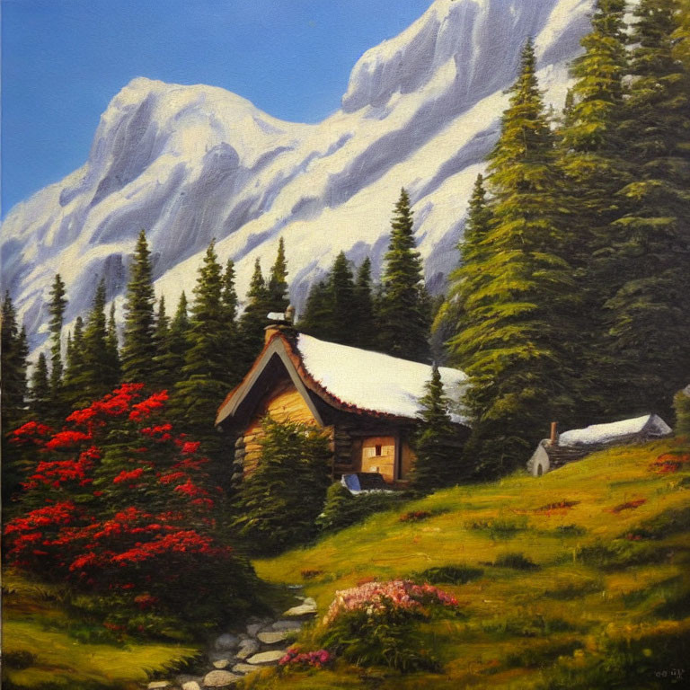 Thatched roof cabin in forest with snow-capped mountains and red bush