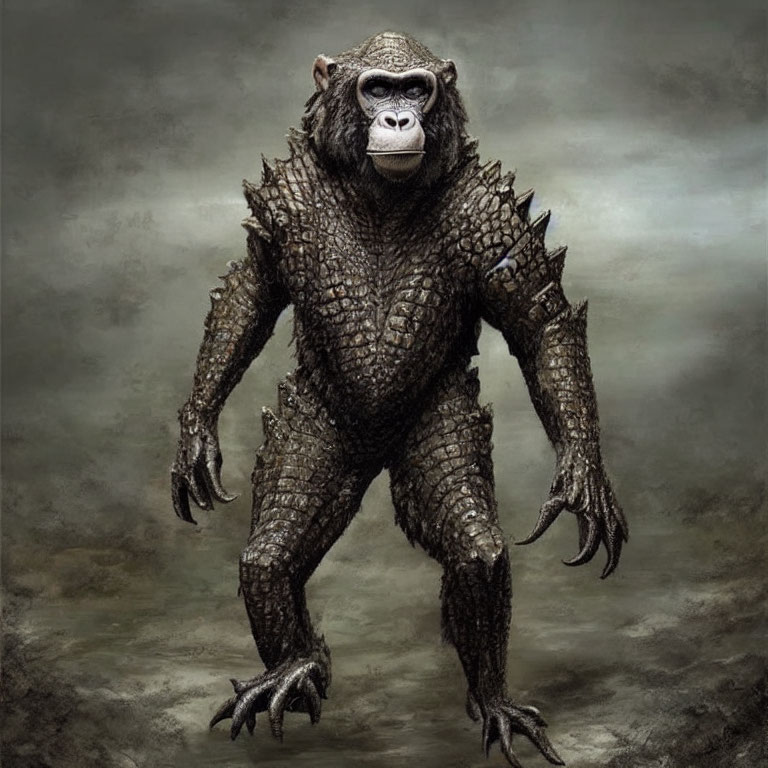 Gorilla-bodied creature with crocodile scales in a menacing pose