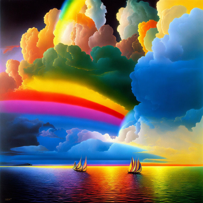 Colorful sunset painting with rainbow, clouds, sailboats on calm sea