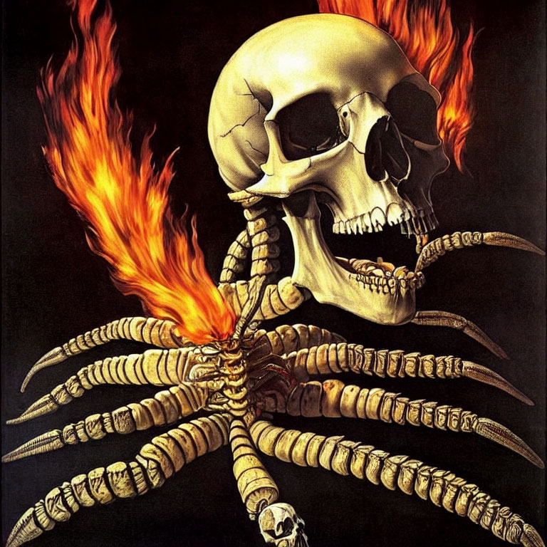 Skull on Spine with Rib-like Appendages in Flames