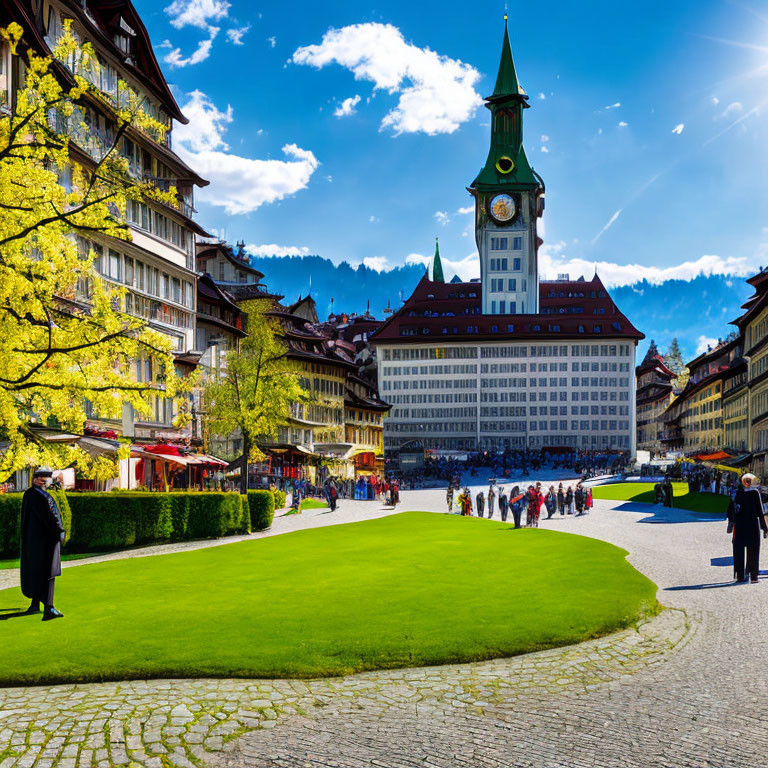 Town square with clock tower, traditional buildings, and mountain backdrop.