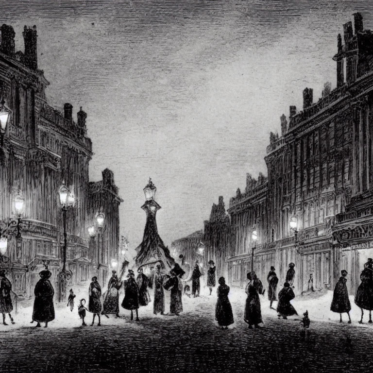 Vintage black and white etching of bustling night street with gas lamps and people in period attire.