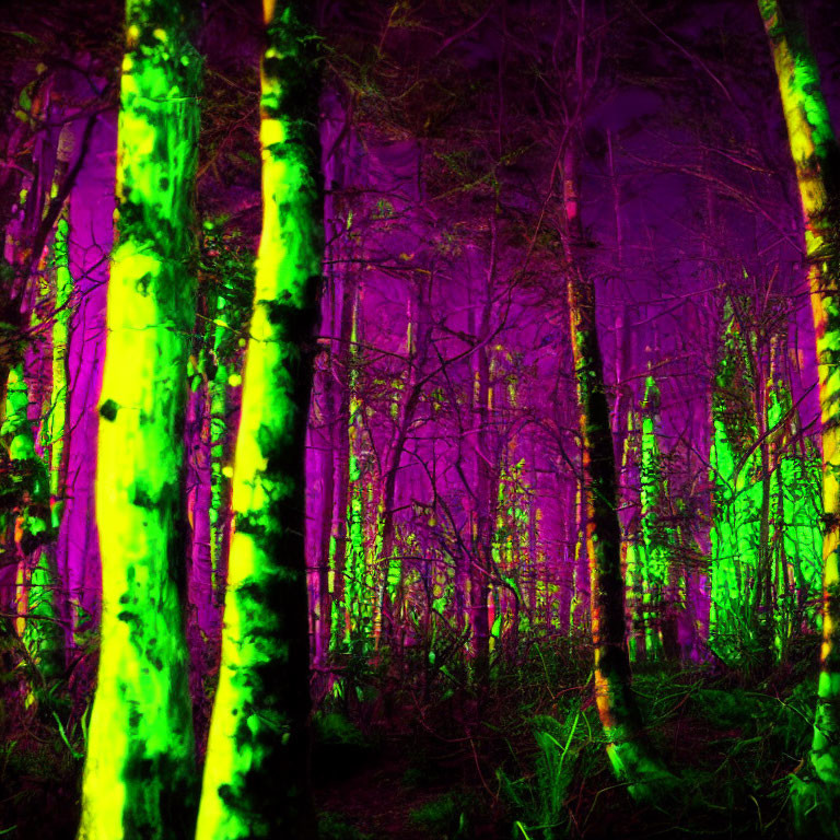 Surreal neon forest with vibrant green and purple hues