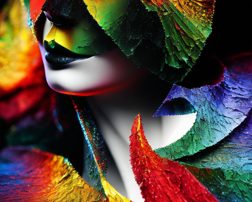 Colorful face paint with leaf-like textures and striking eye details