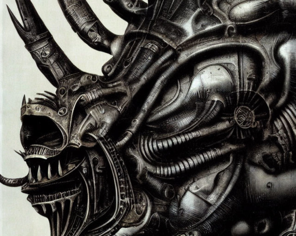 Detailed Black and White Biomechanical Creature Drawing