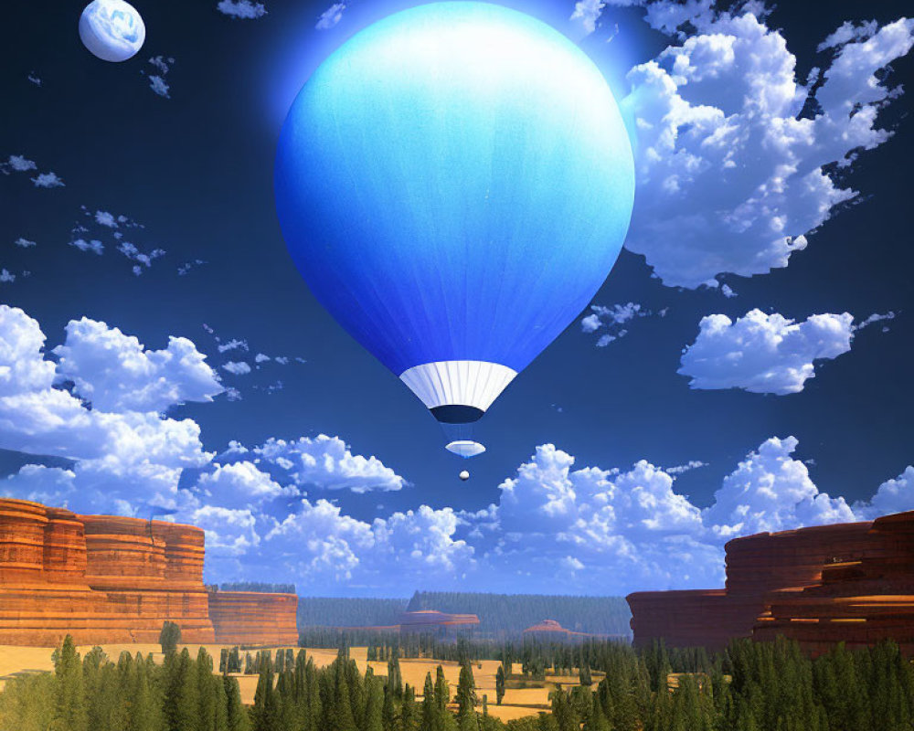 Blue hot air balloon over forested landscape with red rocks and moon