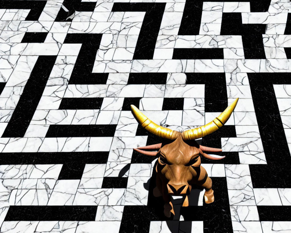 Brown bull with large horns in black and white marble maze