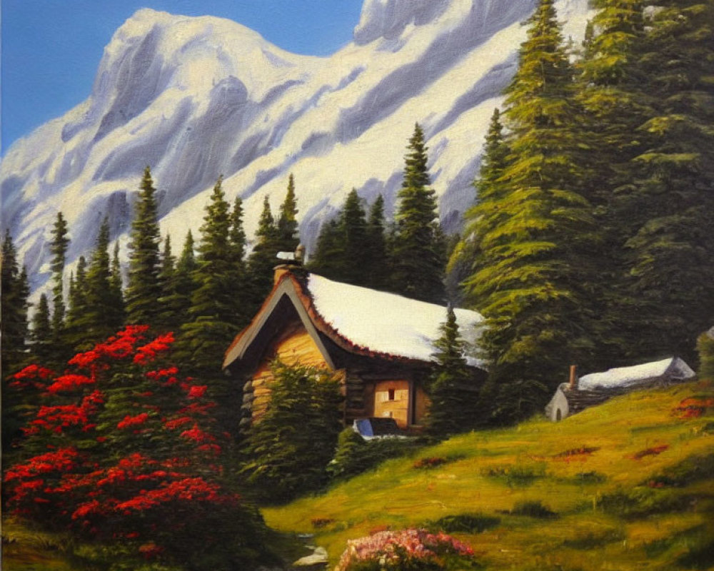 Thatched roof cabin in forest with snow-capped mountains and red bush