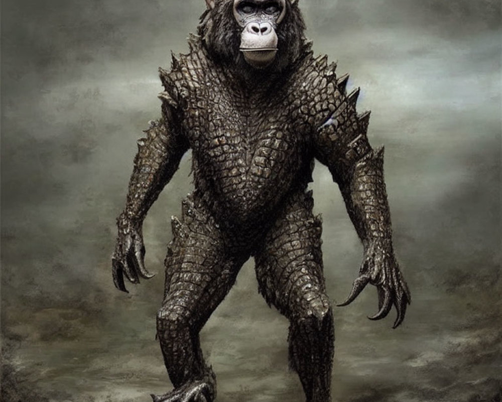 Gorilla-bodied creature with crocodile scales in a menacing pose