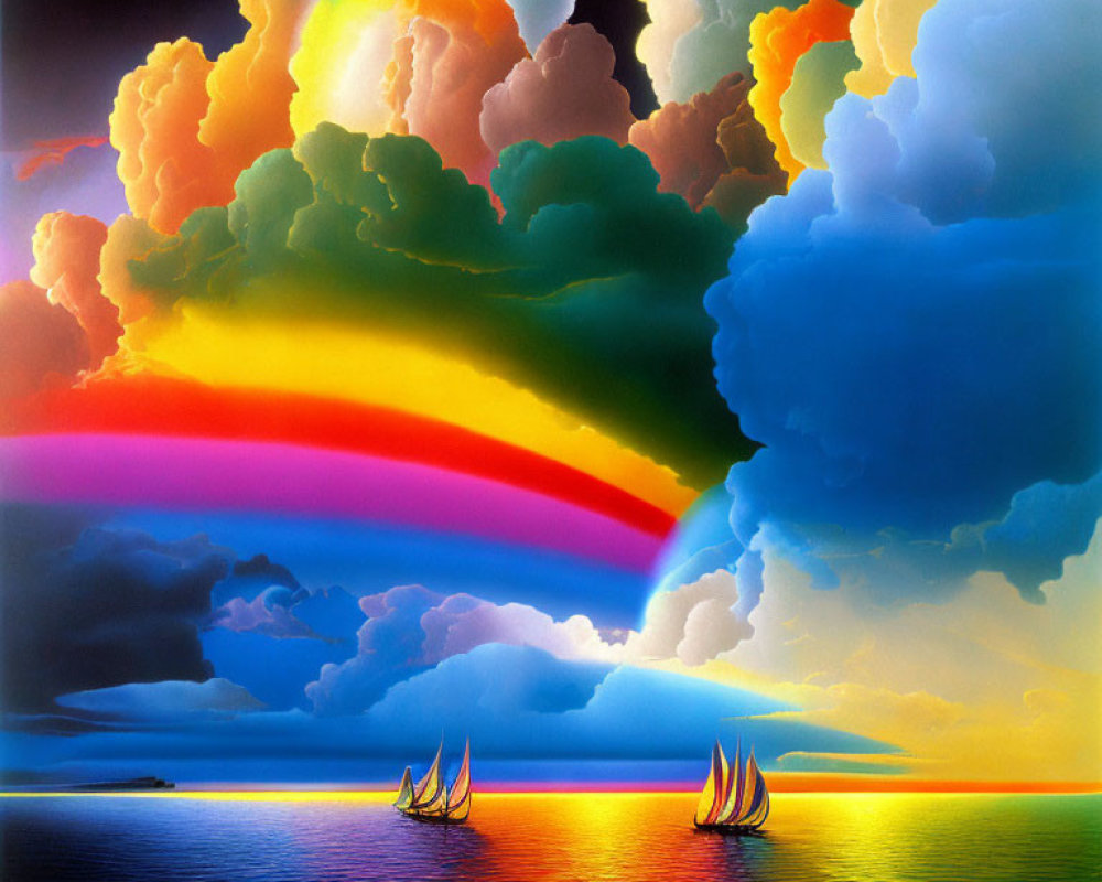 Colorful sunset painting with rainbow, clouds, sailboats on calm sea